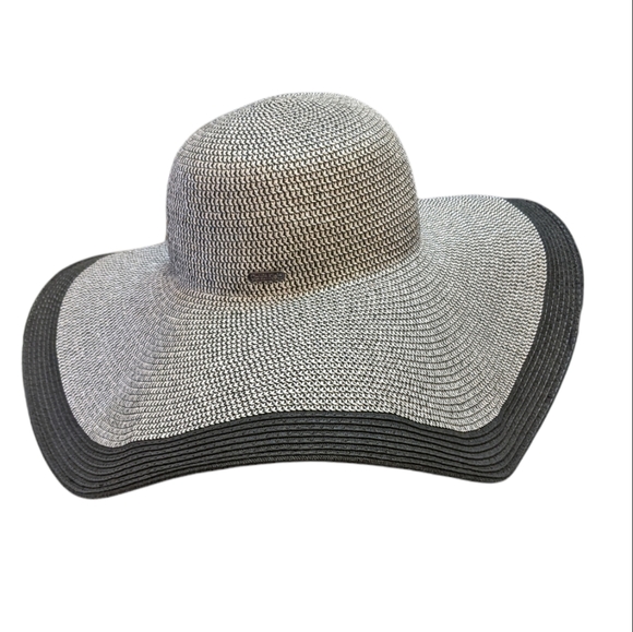 Calvin Klein Accessories - Calvin Klein Wide-Brim Woven Sunhat Black & White w/silver Threading